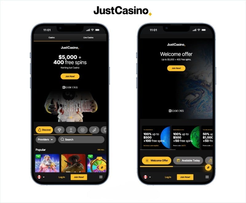 Just Casino screenshots on mobiles on a white background